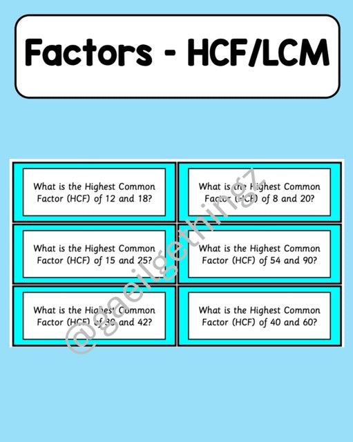 Factors - HCF, LCM (Station/Small Group Cards)