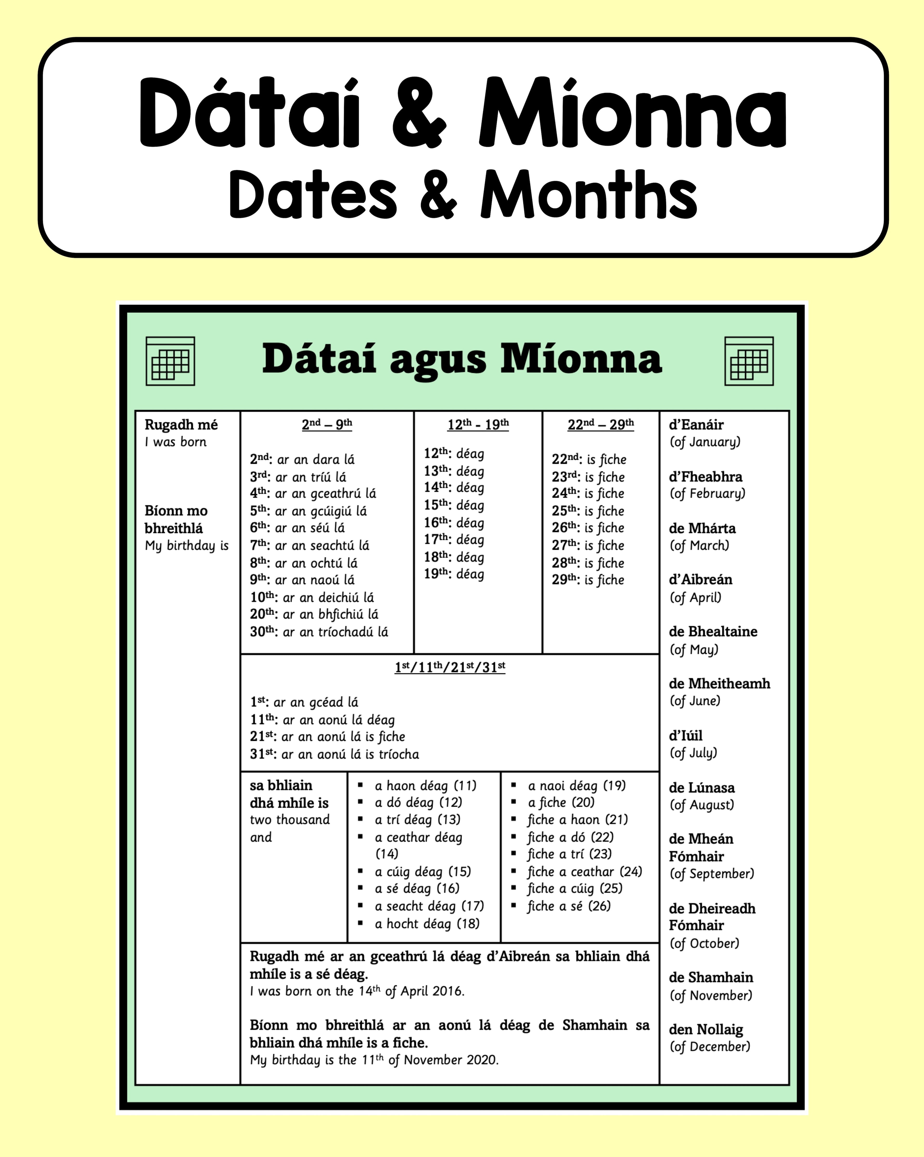 Dátaí agus Míonna - Dates and Months
