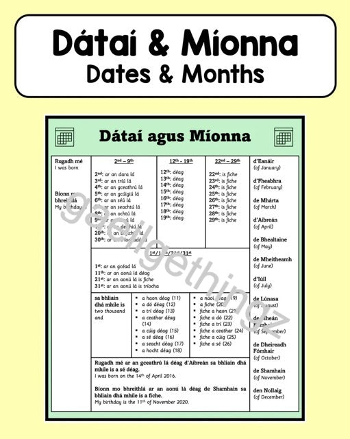 Dátaí agus Míonna - Dates and Months