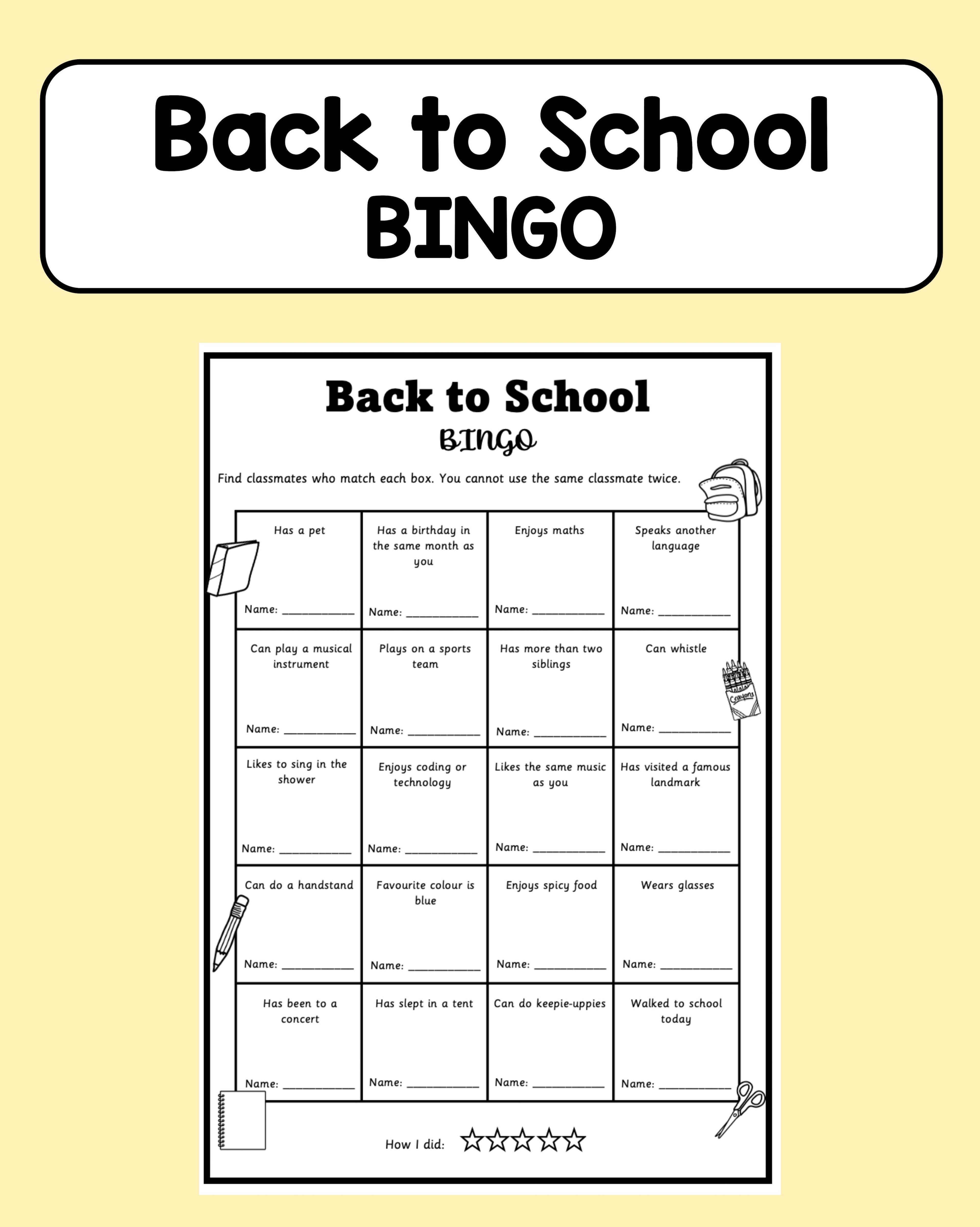 Back to School - BINGO (Find someone who...)