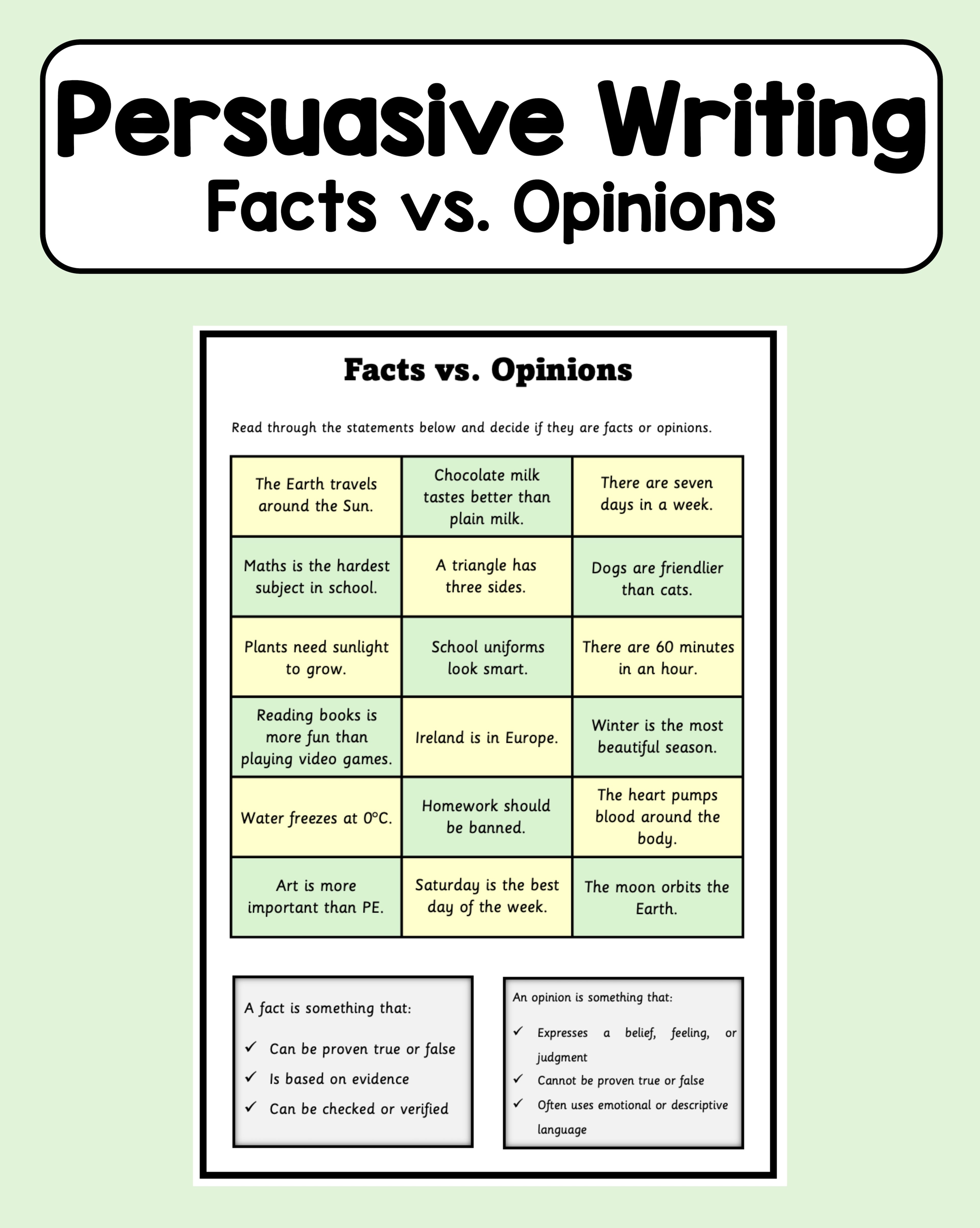 Persuasive Writing - Oral Language Cards & Facts vs. Opinion