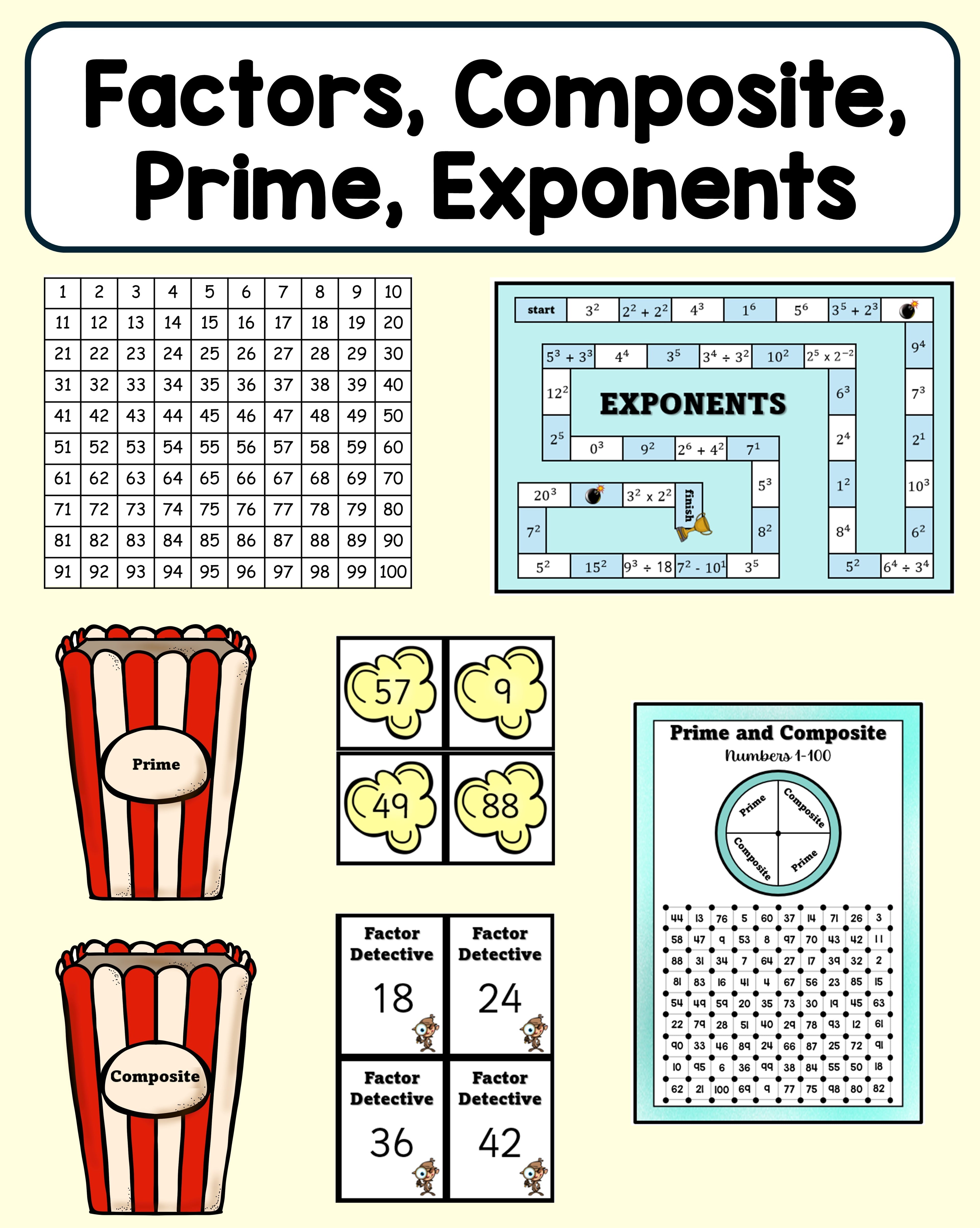 Number Theory - Composite, Prime, Factors, Exponents, Hundred Square